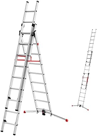 Hailo S100 ProfiLOT 3-teilige Alu-Kombileiter mit LOT-System - gleicht Unebenheiten aus - 2 x 9 + 1 x 8 profilierte Sprossen belastbar bis 150 kg - Aluleiter made in Germany - Leiter rostfrei - silber