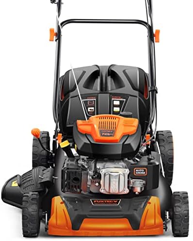 FUXTEC 4-in-1 petrol lawn mower FX-RM5196 with edge cut, garden mower incl. Side Ejection Function, 51 cm Cutting Width, 4-Stroke with Rear Wheel Drive, Ball Bearing Big Wheel Wheels, 60L Grass